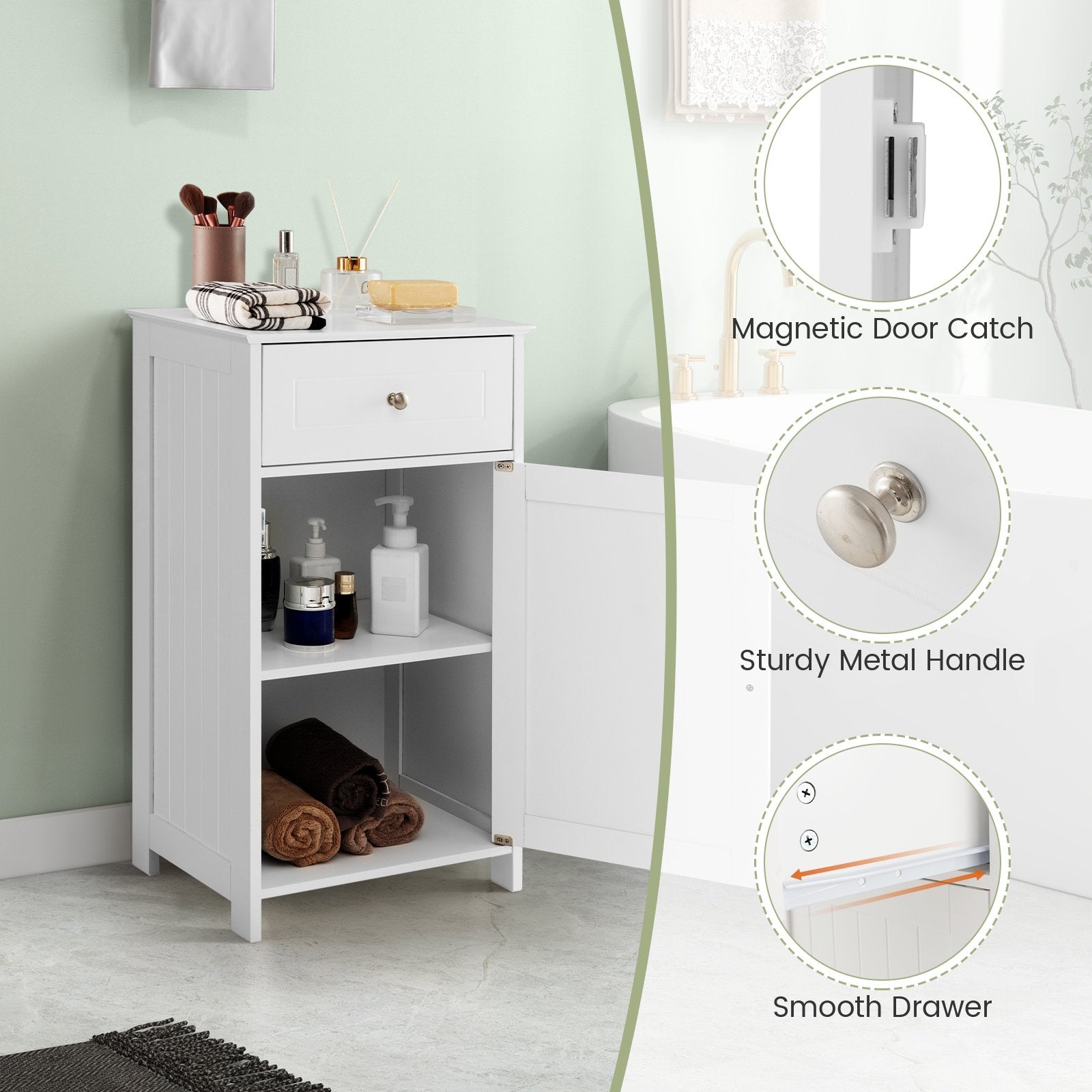 Single Door Bathroom Cabinet with Adjustable Shelf and Drawer, White Floor Cabinets   at Gallery Canada