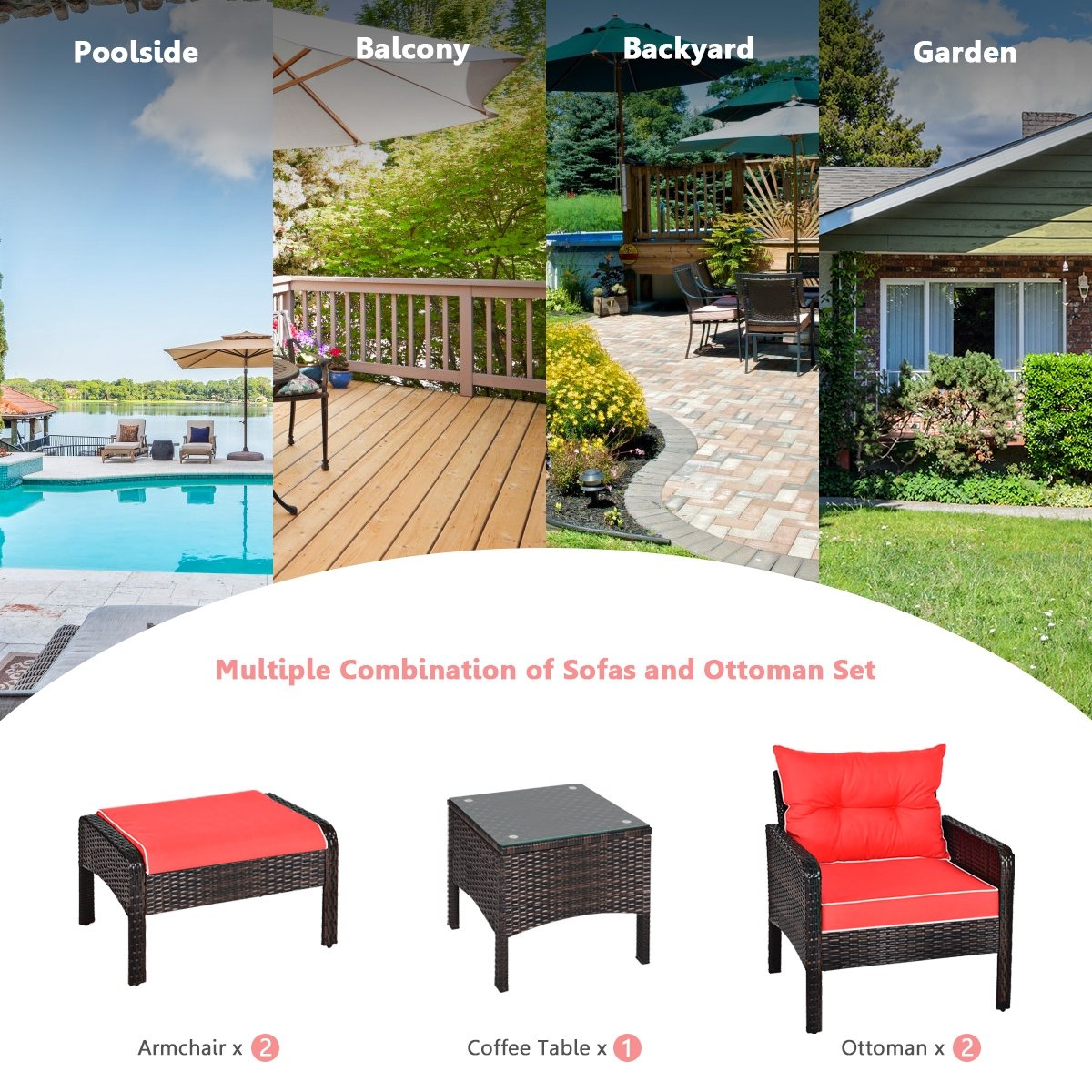 5 Pcs Patio Rattan Sofa Ottoman Furniture Set with Cushions, Red Patio Furniture Sets   at Gallery Canada