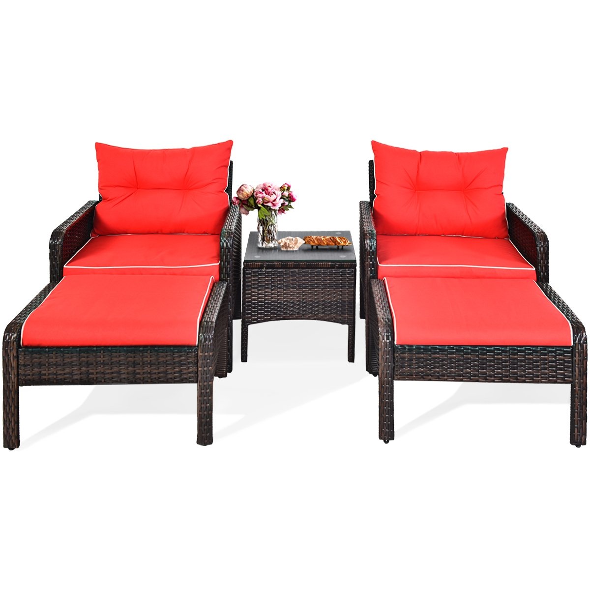 5 Pcs Patio Rattan Sofa Ottoman Furniture Set with Cushions, Red Patio Furniture Sets   at Gallery Canada