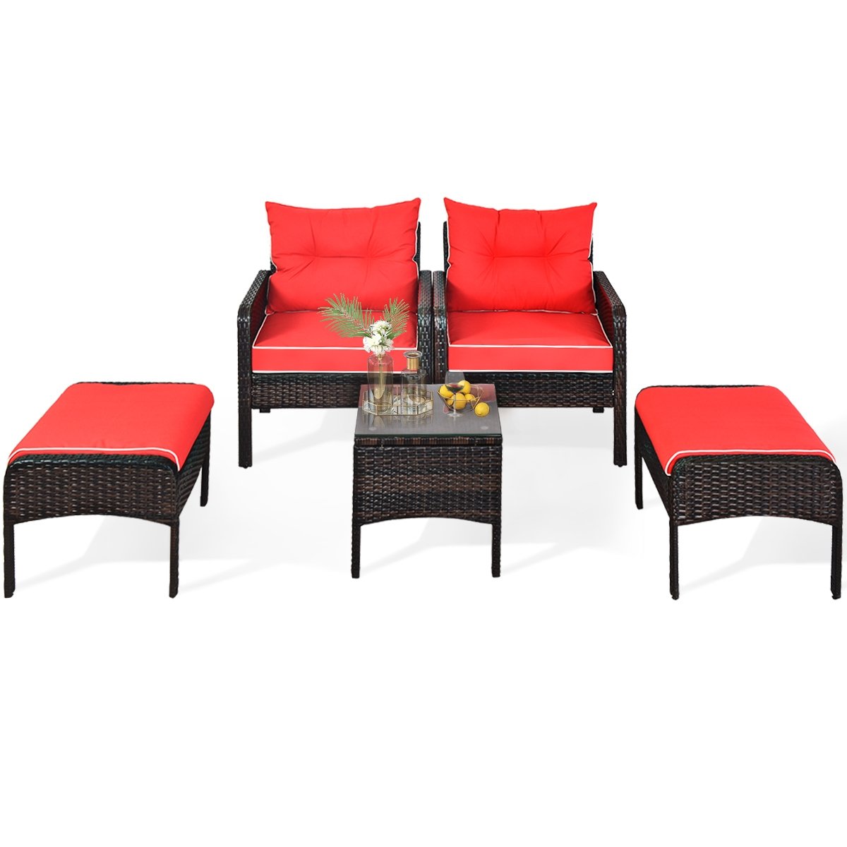 5 Pcs Patio Rattan Sofa Ottoman Furniture Set with Cushions, Red Patio Furniture Sets   at Gallery Canada