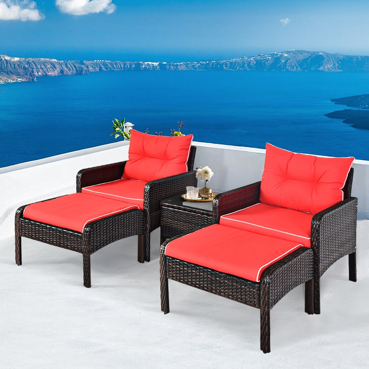 5 Pcs Patio Rattan Sofa Ottoman Furniture Set with Cushions, Red Patio Furniture Sets   at Gallery Canada