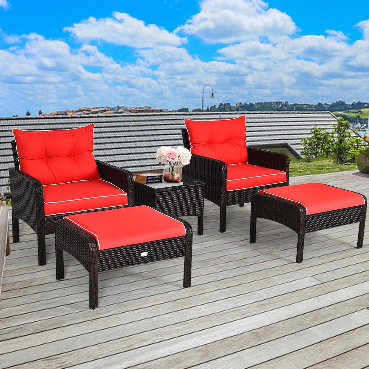 5 Pcs Patio Rattan Sofa Ottoman Furniture Set with Cushions, Red Patio Furniture Sets   at Gallery Canada