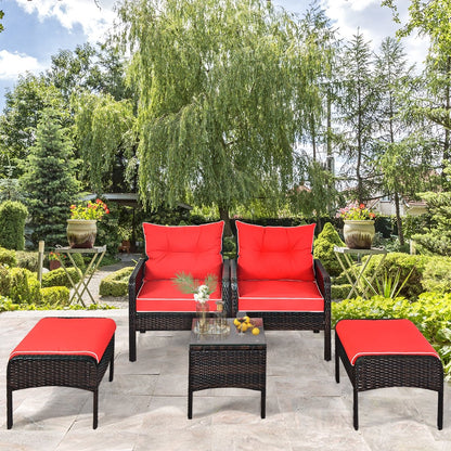 5 Pcs Patio Rattan Sofa Ottoman Furniture Set with Cushions, Red Patio Furniture Sets   at Gallery Canada