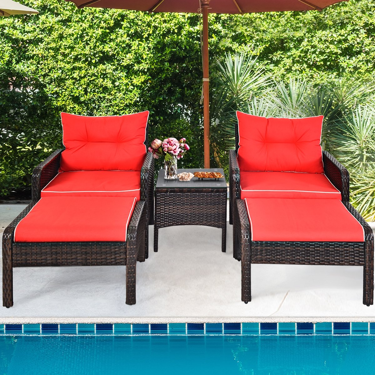 5 Pcs Patio Rattan Sofa Ottoman Furniture Set with Cushions, Red Patio Furniture Sets   at Gallery Canada