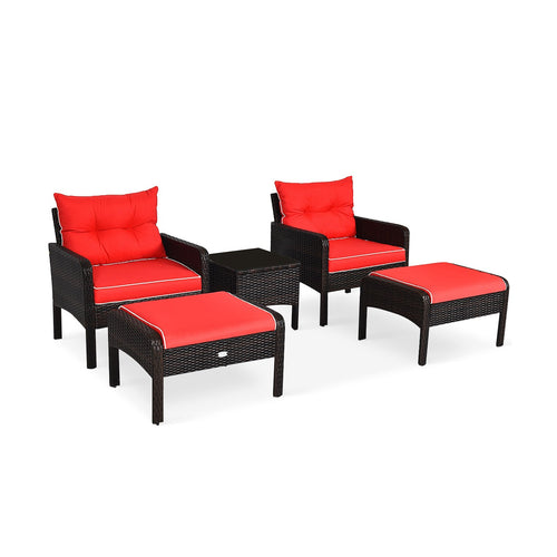 5 Pcs Patio Rattan Sofa Ottoman Furniture Set with Cushions, Red