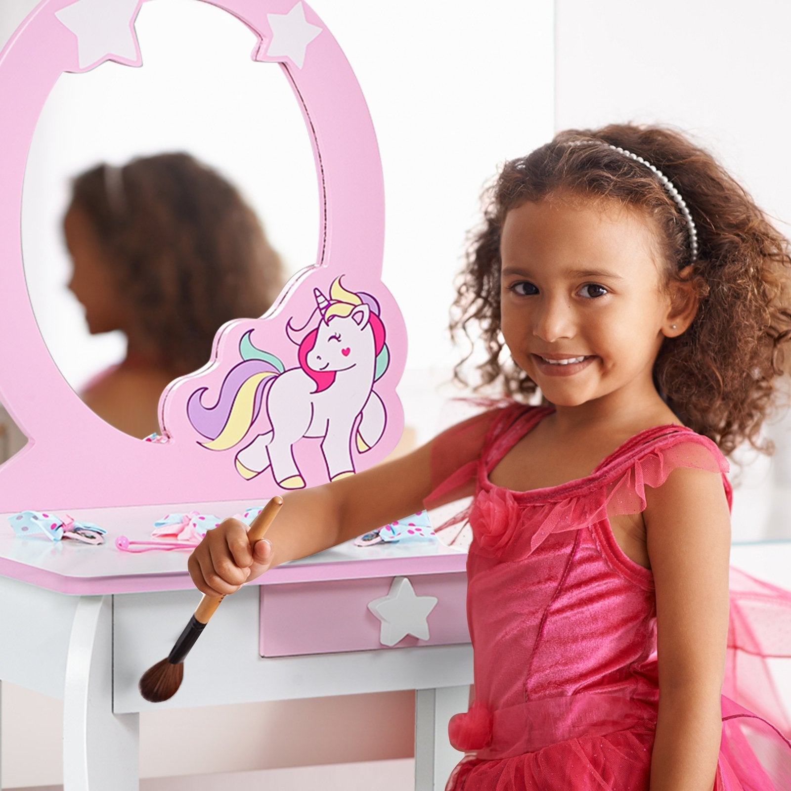 Kids Wooden Makeup Dressing Table and Chair Set with Mirror and Drawer, White Kids Vanities   at Gallery Canada