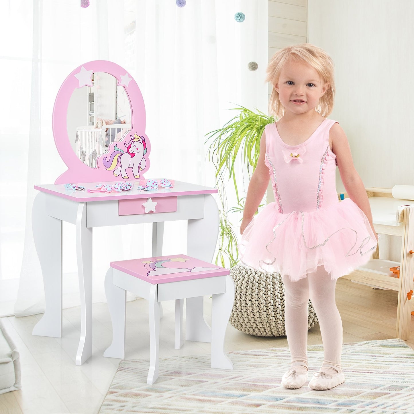 Kids Wooden Makeup Dressing Table and Chair Set with Mirror and Drawer, White - Gallery Canada