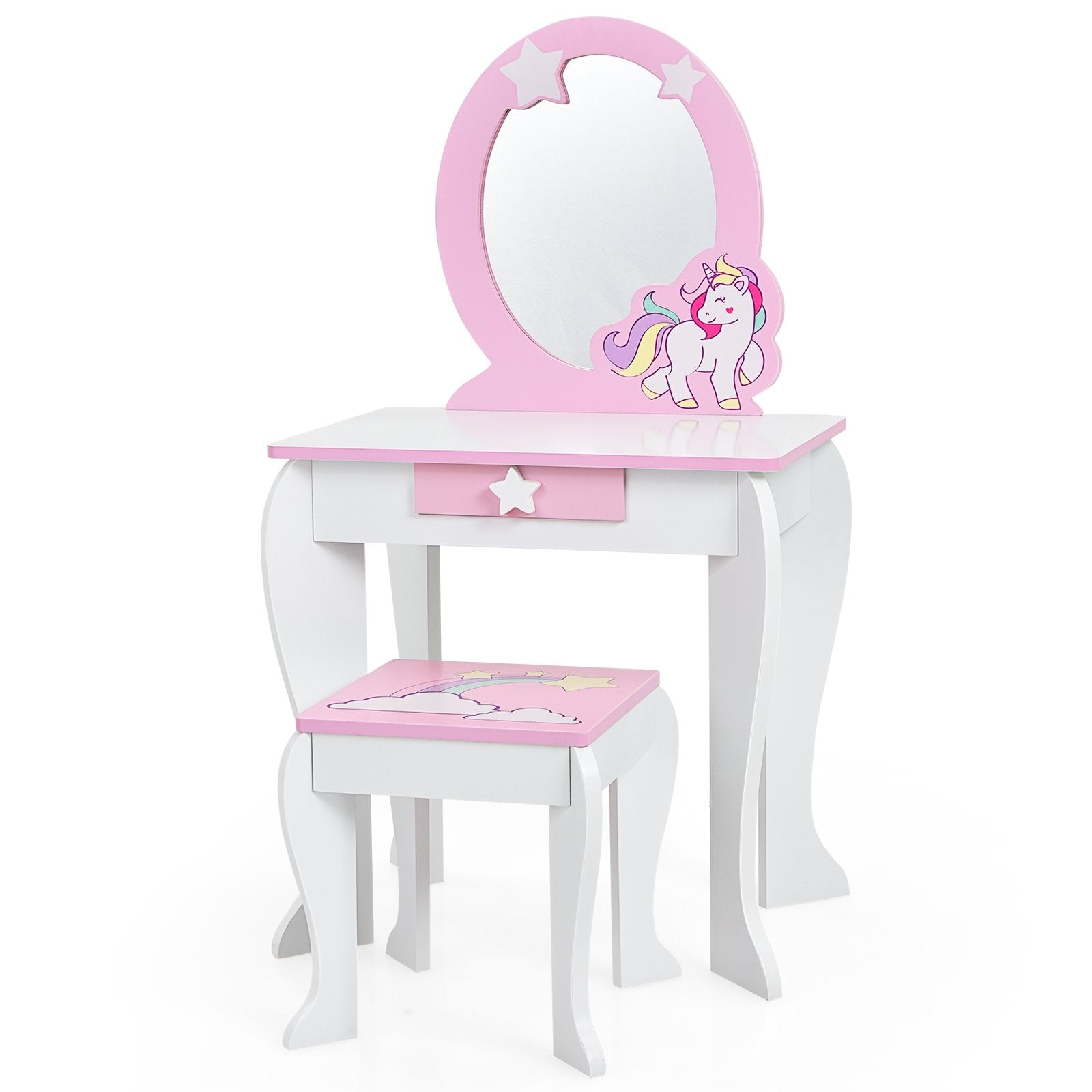 Kids Wooden Makeup Dressing Table and Chair Set with Mirror and Drawer, White Kids Vanities   at Gallery Canada