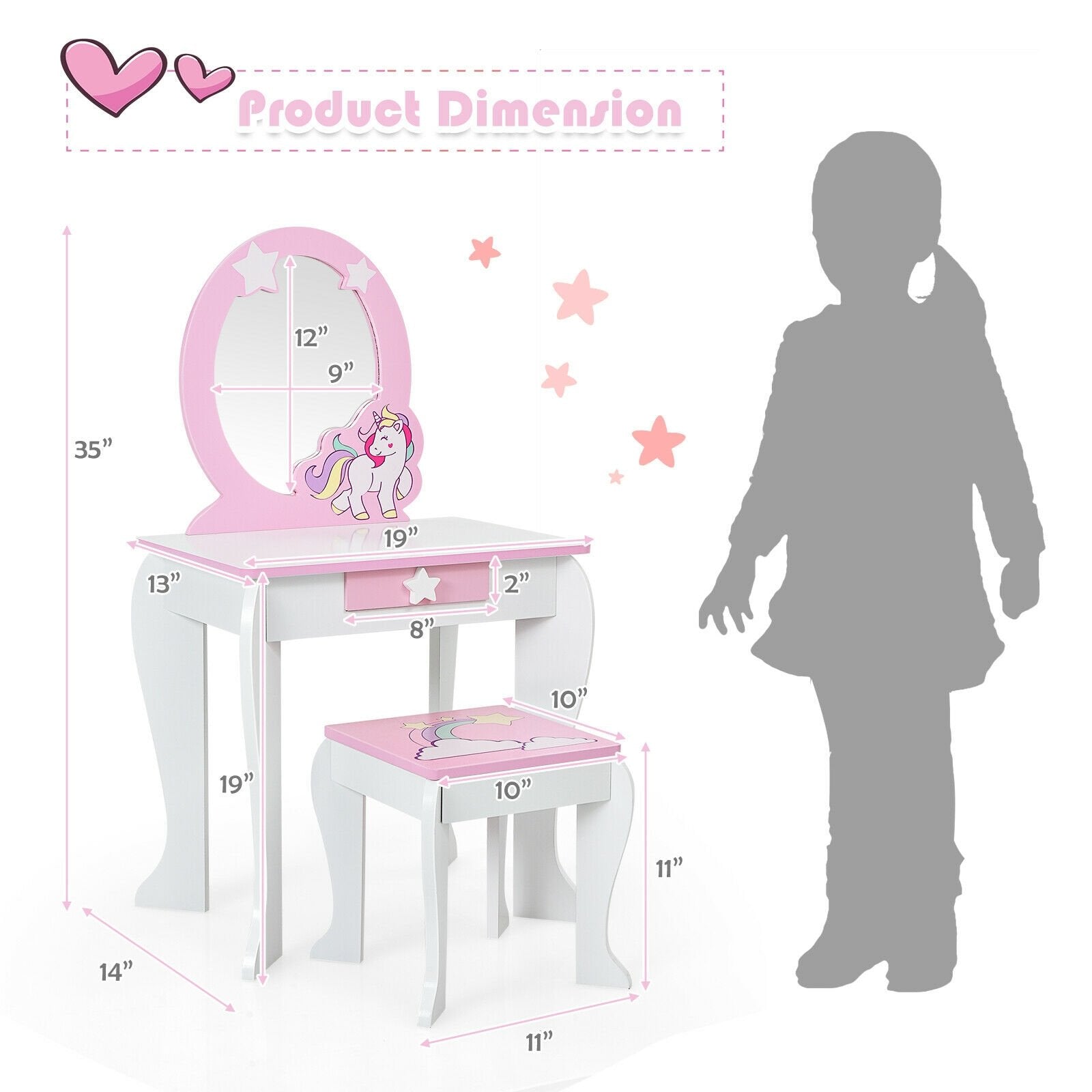 Kids Wooden Makeup Dressing Table and Chair Set with Mirror and Drawer, White Kids Vanities   at Gallery Canada