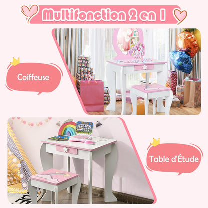 Kids Wooden Makeup Dressing Table and Chair Set with Mirror and Drawer, White - Gallery Canada