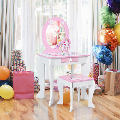 Kids Wooden Makeup Dressing Table and Chair Set with Mirror and Drawer, White - Gallery Canada