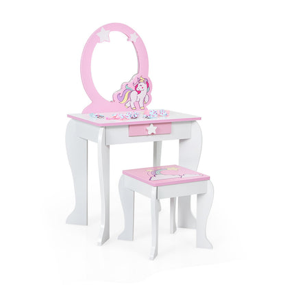 Kids Wooden Makeup Dressing Table and Chair Set with Mirror and Drawer, White Kids Vanities   at Gallery Canada