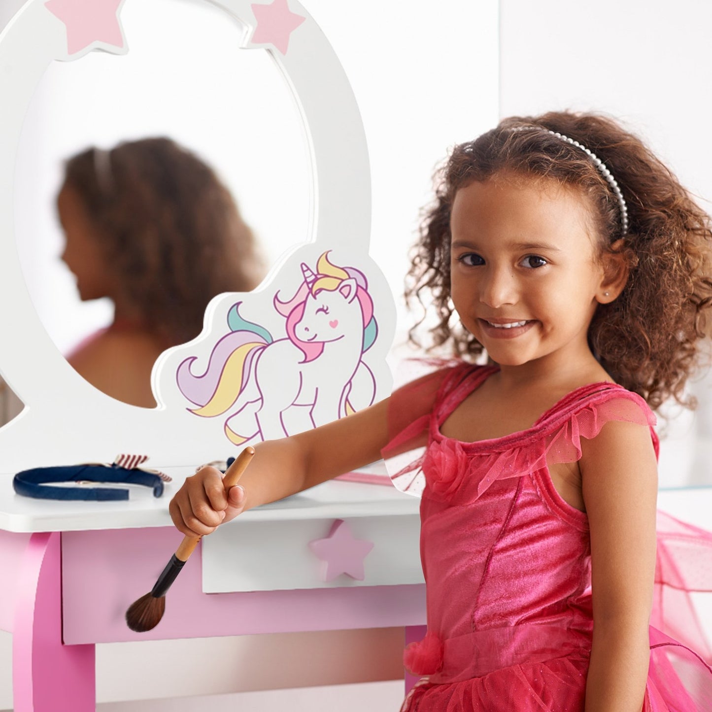 Kids Wooden Makeup Dressing Table and Chair Set with Mirror and Drawer, Pink - Gallery Canada