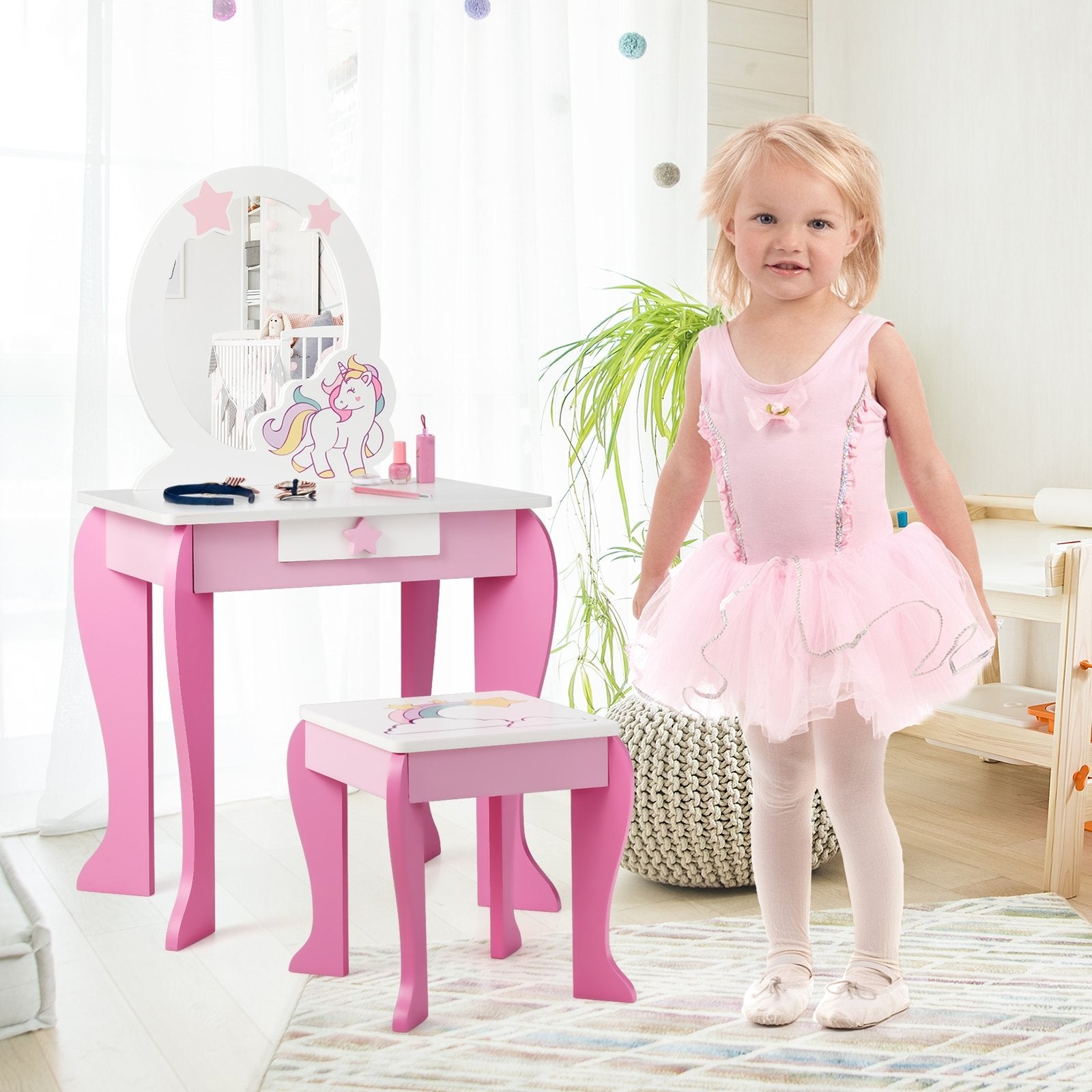 Kids Wooden Makeup Dressing Table and Chair Set with Mirror and Drawer, Pink Kids Vanities   at Gallery Canada