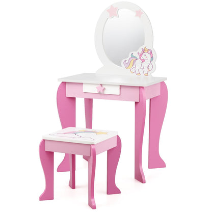 Kids Wooden Makeup Dressing Table and Chair Set with Mirror and Drawer, Pink Kids Vanities   at Gallery Canada