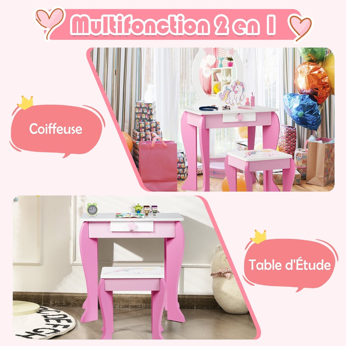 Kids Wooden Makeup Dressing Table and Chair Set with Mirror and Drawer, Pink Kids Vanities   at Gallery Canada