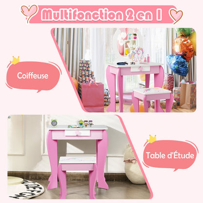 Kids Wooden Makeup Dressing Table and Chair Set with Mirror and Drawer, Pink - Gallery Canada