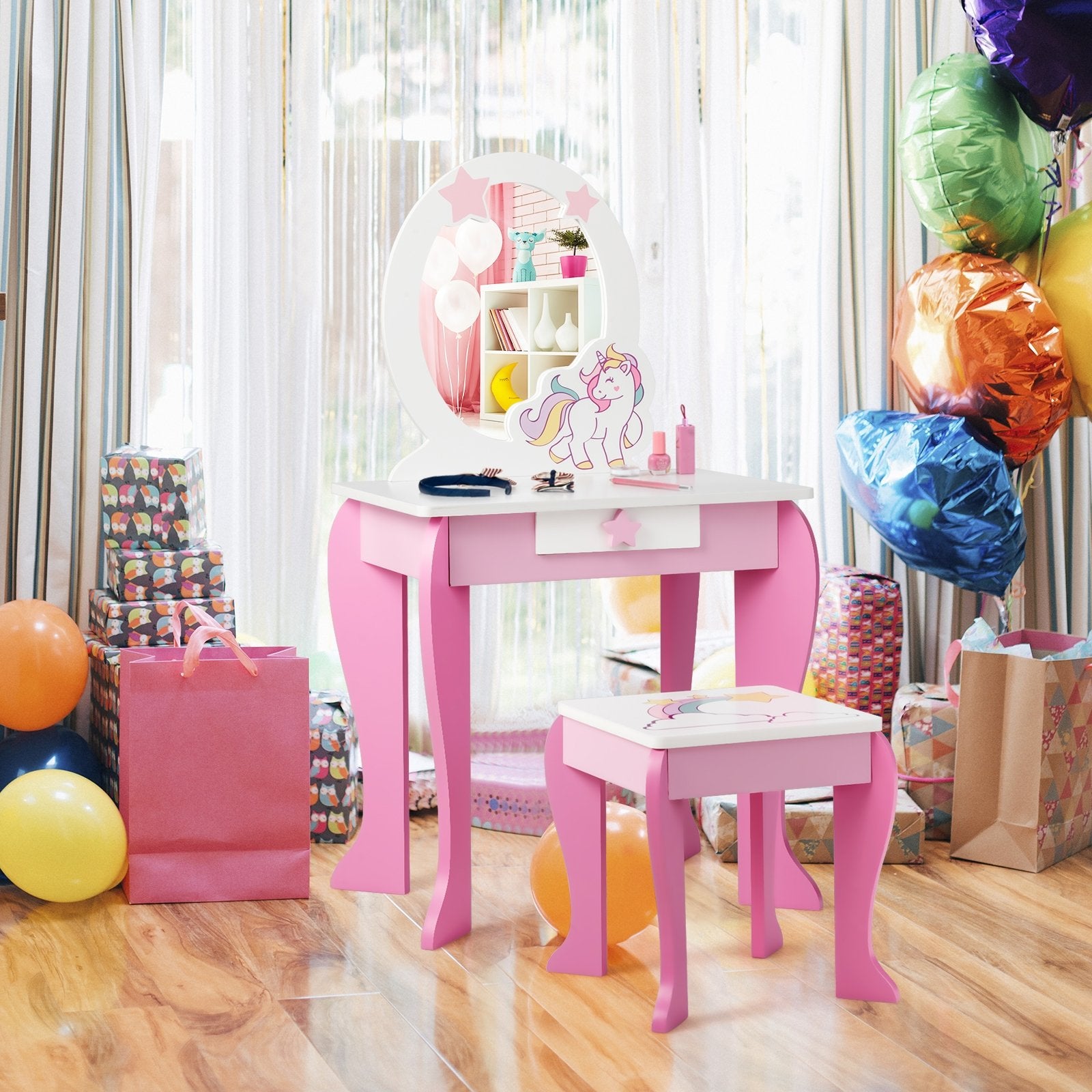 Kids Wooden Makeup Dressing Table and Chair Set with Mirror and Drawer, Pink Kids Vanities   at Gallery Canada