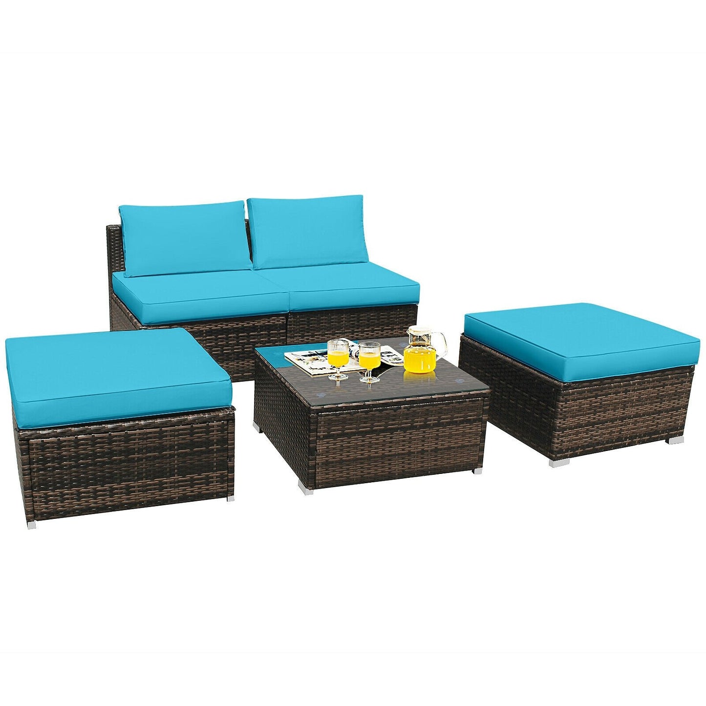 5 Pieces Patio Rattan Furniture Set with Cushioned Armless Sofa, Turquoise Patio Conversation Sets   at Gallery Canada