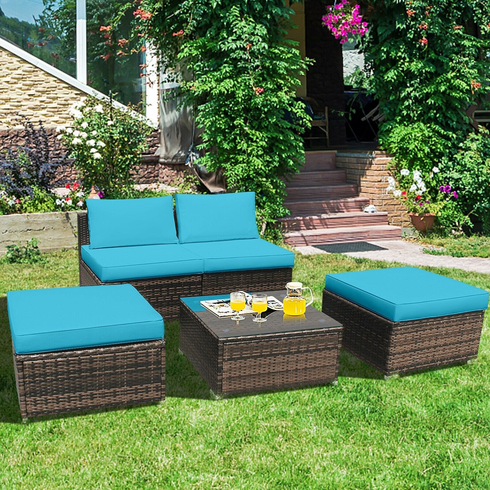 5 Pieces Patio Rattan Furniture Set with Cushioned Armless Sofa, Turquoise Patio Conversation Sets   at Gallery Canada