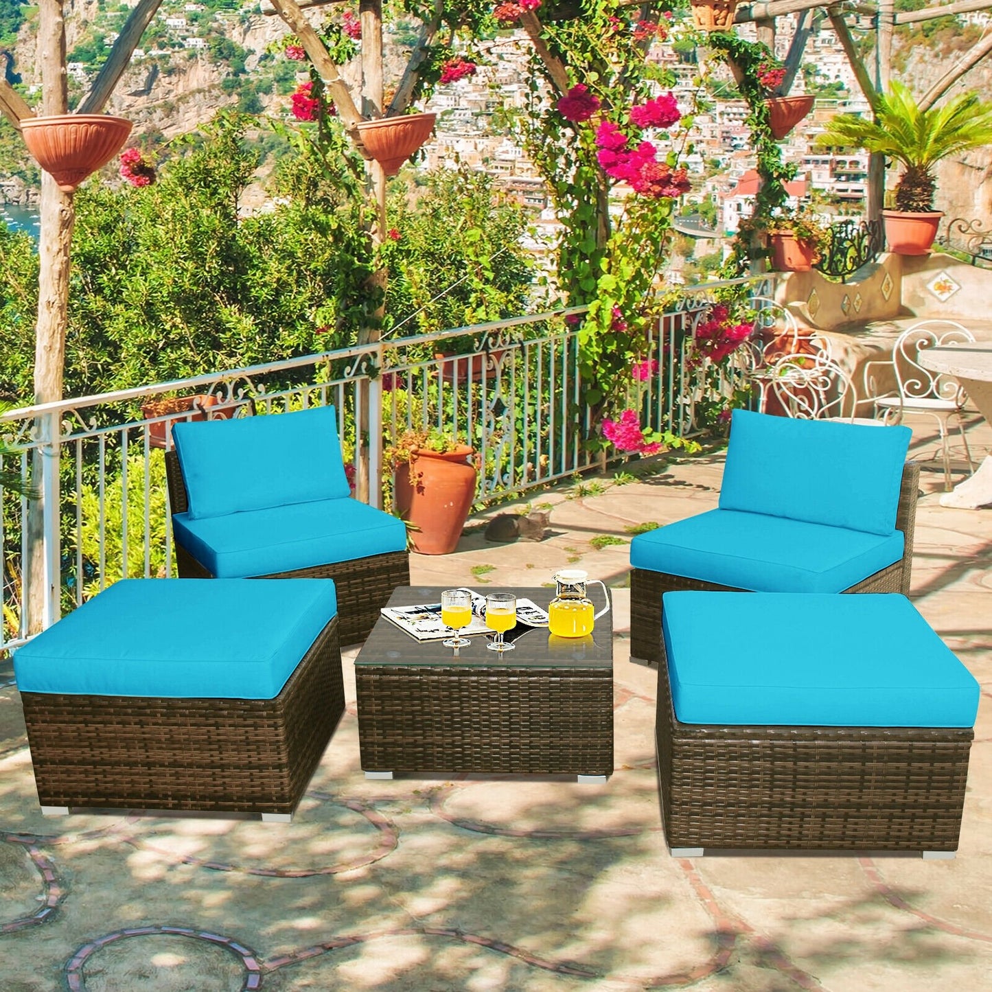 5 Pieces Patio Rattan Furniture Set with Cushioned Armless Sofa, Turquoise Patio Conversation Sets   at Gallery Canada