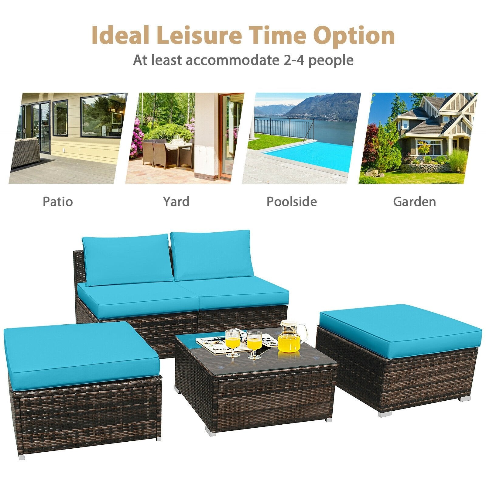 5 Pieces Patio Rattan Furniture Set with Cushioned Armless Sofa, Turquoise Patio Conversation Sets   at Gallery Canada