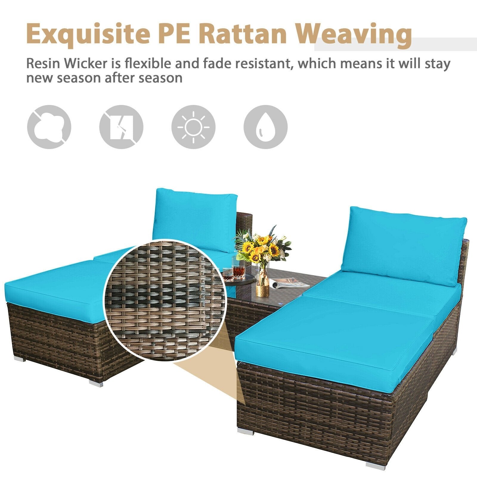 5 Pieces Patio Rattan Furniture Set with Cushioned Armless Sofa, Turquoise Patio Conversation Sets   at Gallery Canada