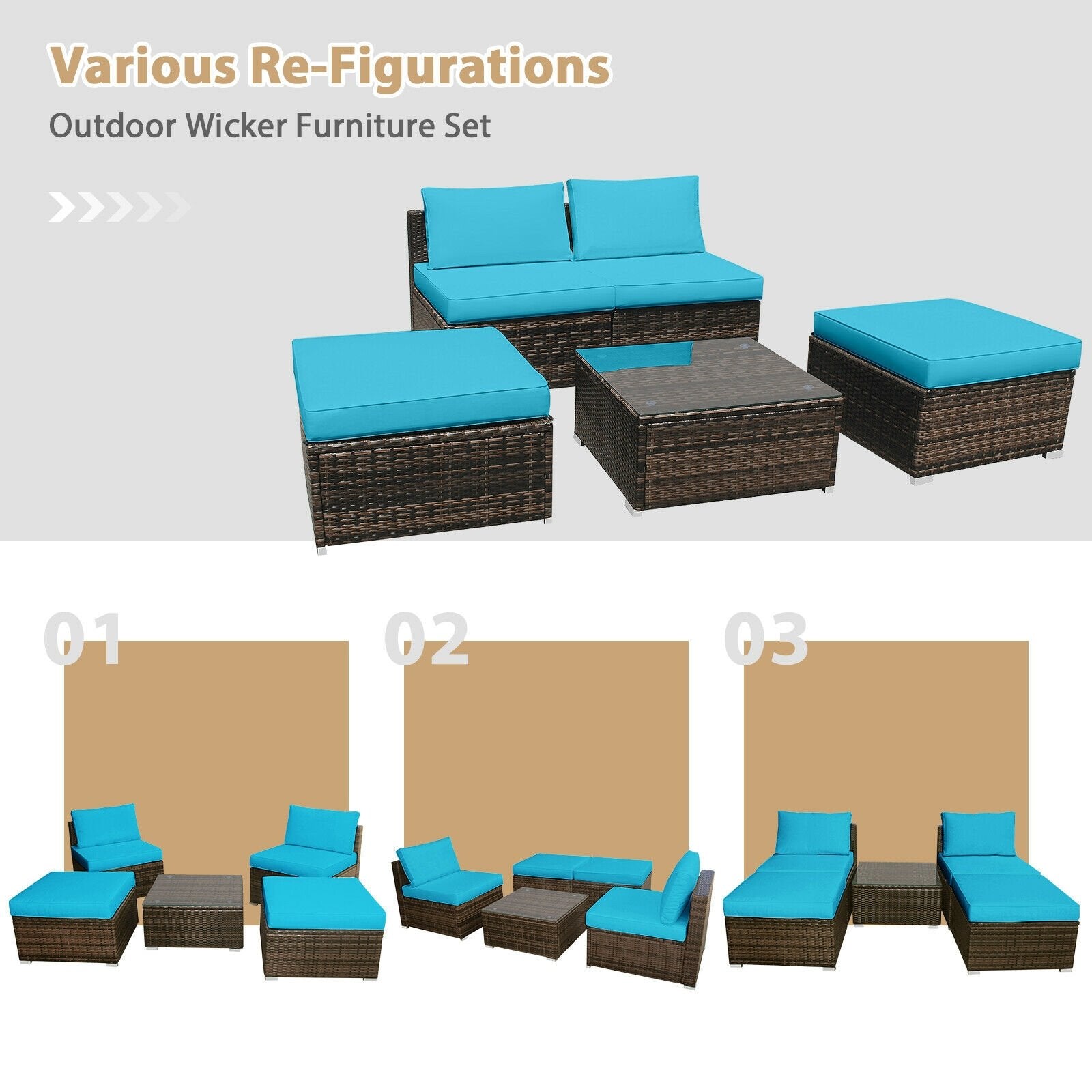 5 Pieces Patio Rattan Furniture Set with Cushioned Armless Sofa, Turquoise Patio Conversation Sets   at Gallery Canada