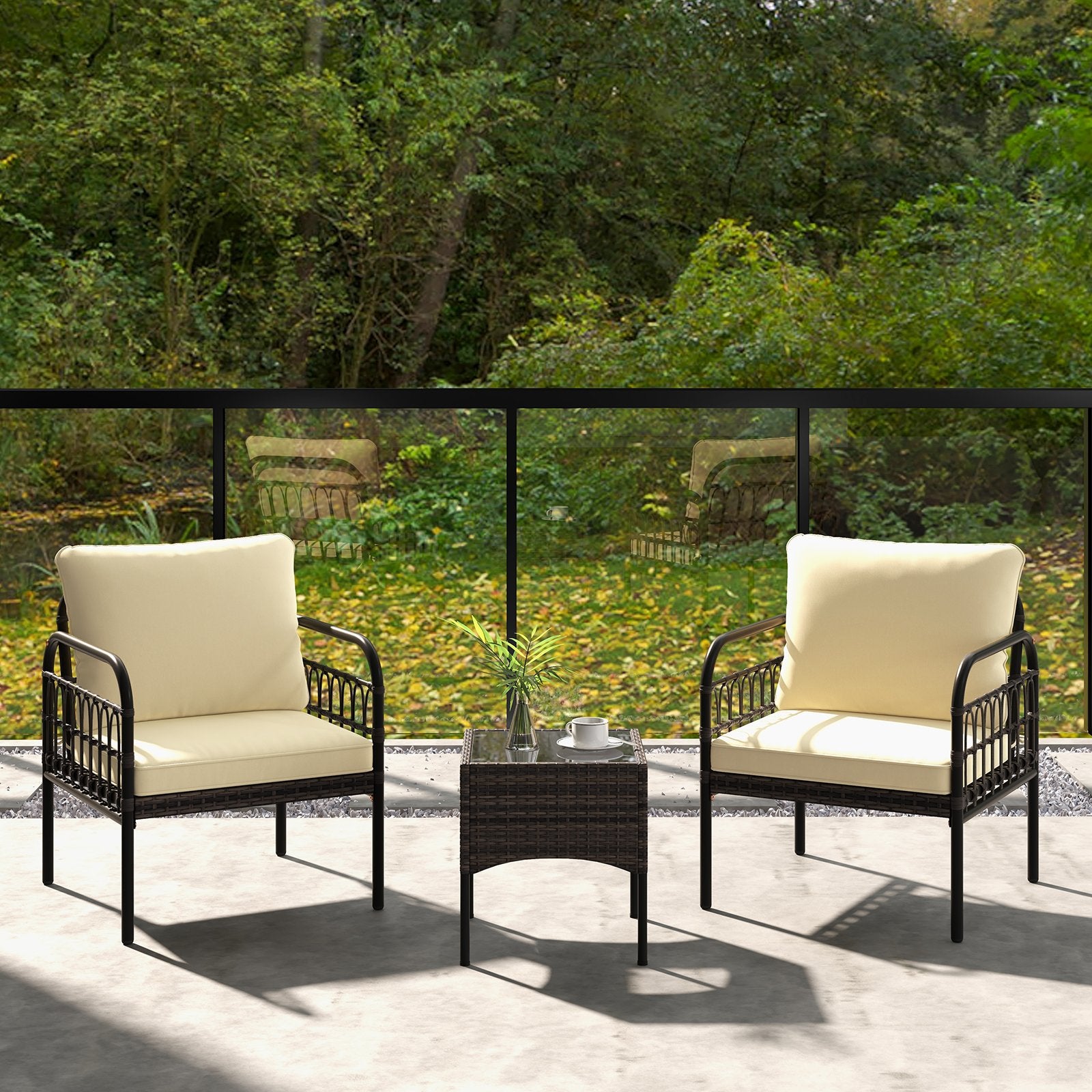 3 Pieces Patio Wicker Conversation Set with Cushions and Tempered Glass Coffee Table, Beige Patio Conversation Sets   at Gallery Canada