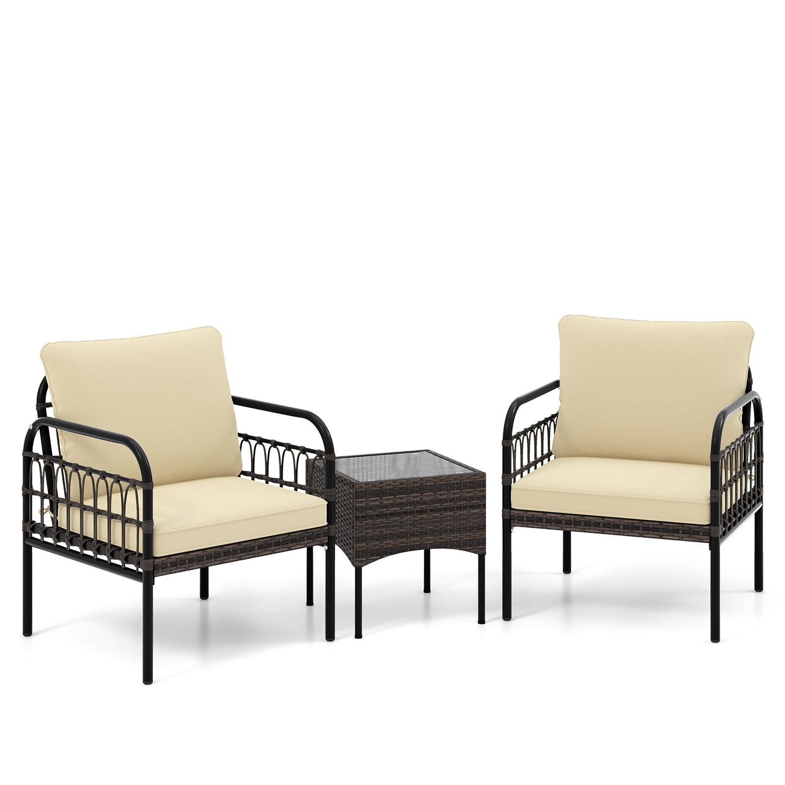 3 Pieces Patio Wicker Conversation Set with Cushions and Tempered Glass Coffee Table, Beige Patio Conversation Sets   at Gallery Canada