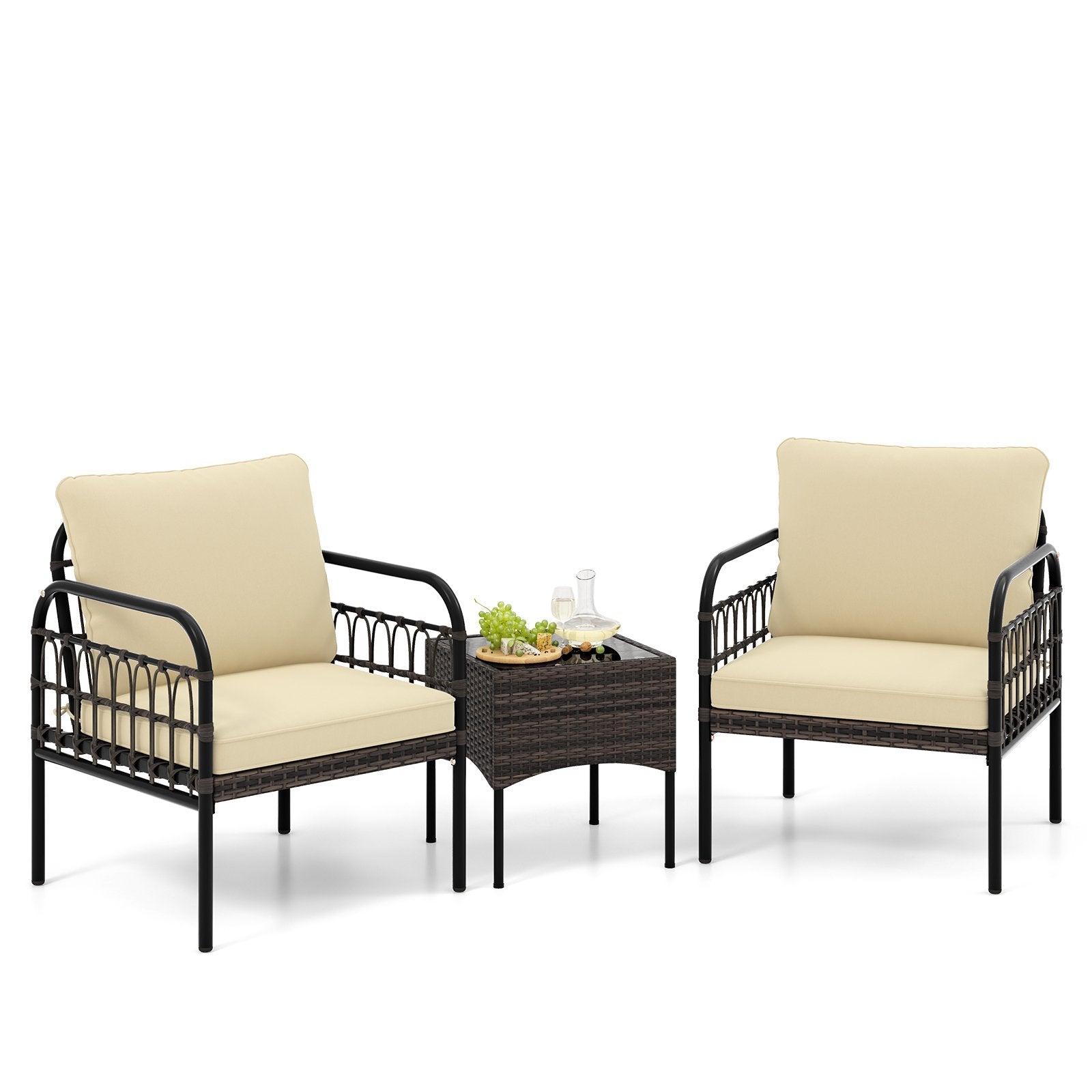 3 Pieces Patio Wicker Conversation Set with Cushions and Tempered Glass Coffee Table, Beige Patio Conversation Sets   at Gallery Canada