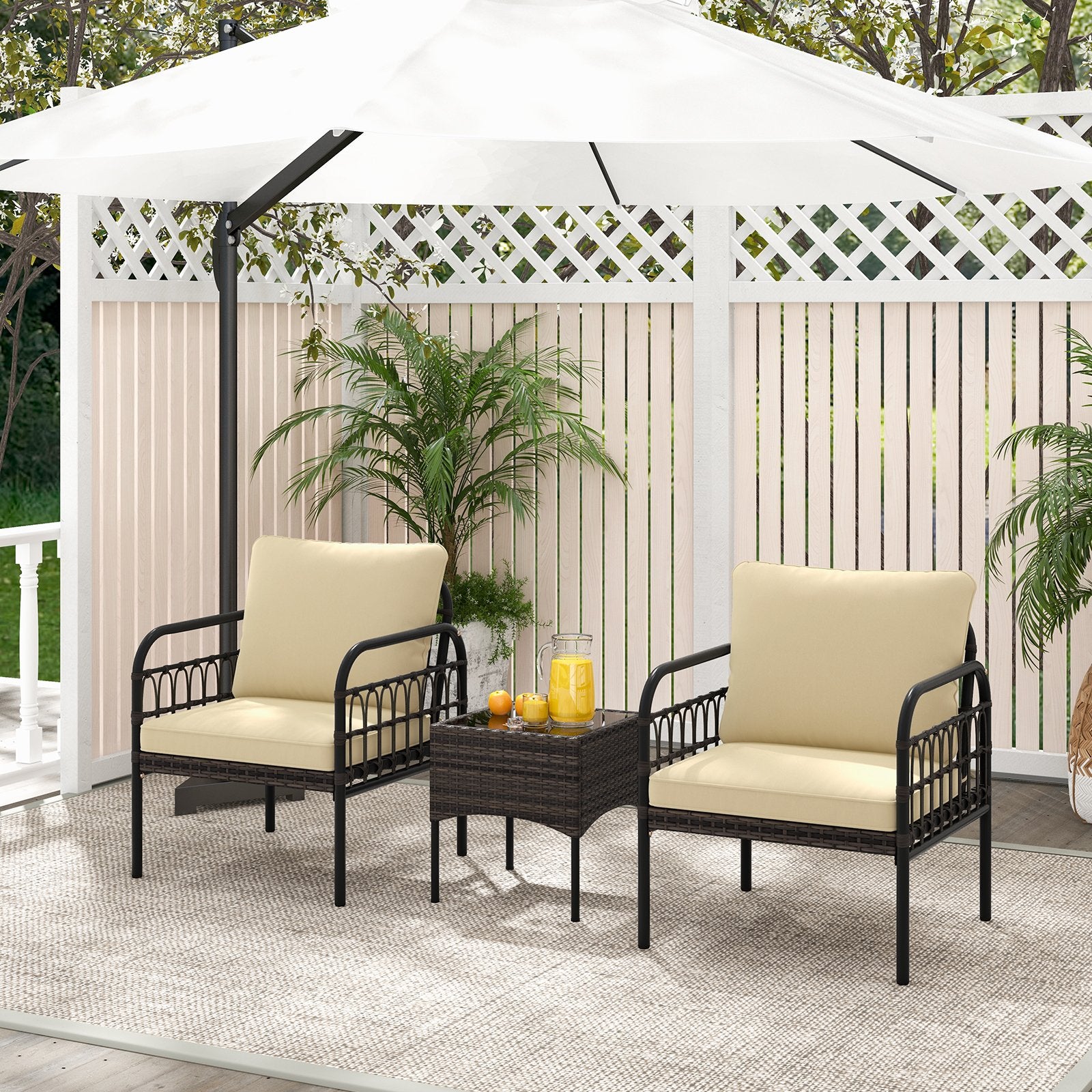 3 Pieces Patio Wicker Conversation Set with Cushions and Tempered Glass Coffee Table, Beige Patio Conversation Sets   at Gallery Canada