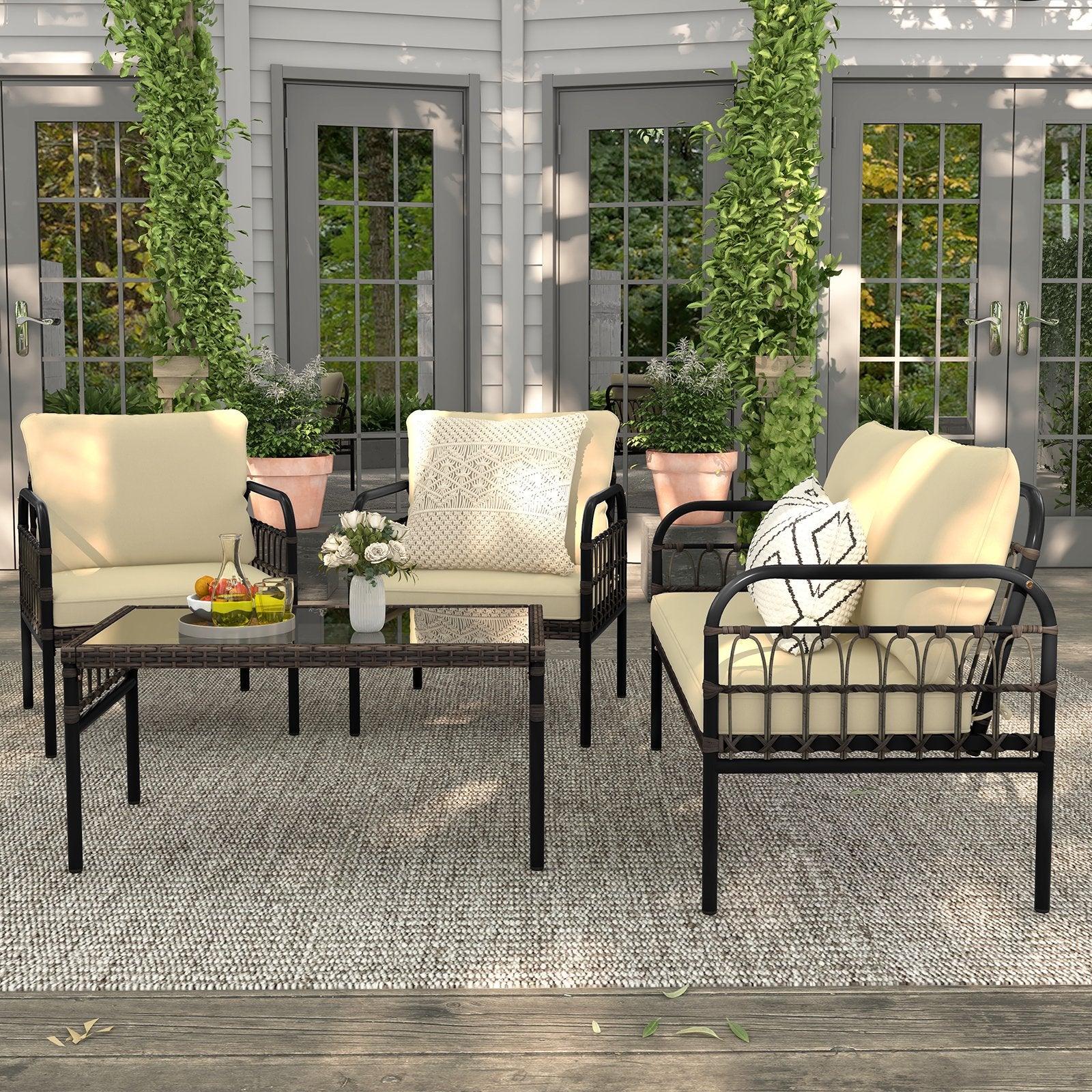 4 Pieces Outdoor Wicker Conversation Bistro Set with Soft Cushions and Tempered Glass Coffee Table, Brown Patio Conversation Sets   at Gallery Canada