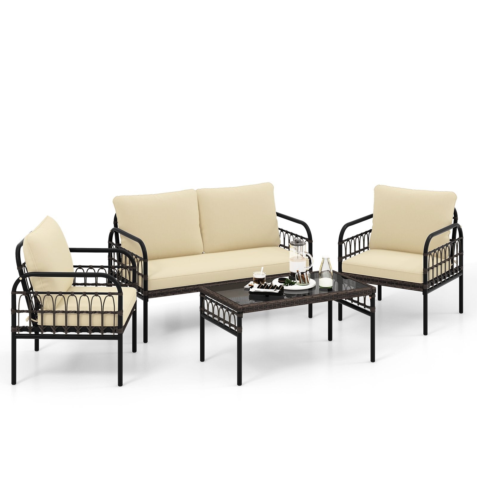 4 Pieces Outdoor Wicker Conversation Bistro Set with Soft Cushions and Tempered Glass Coffee Table, Brown Patio Conversation Sets   at Gallery Canada