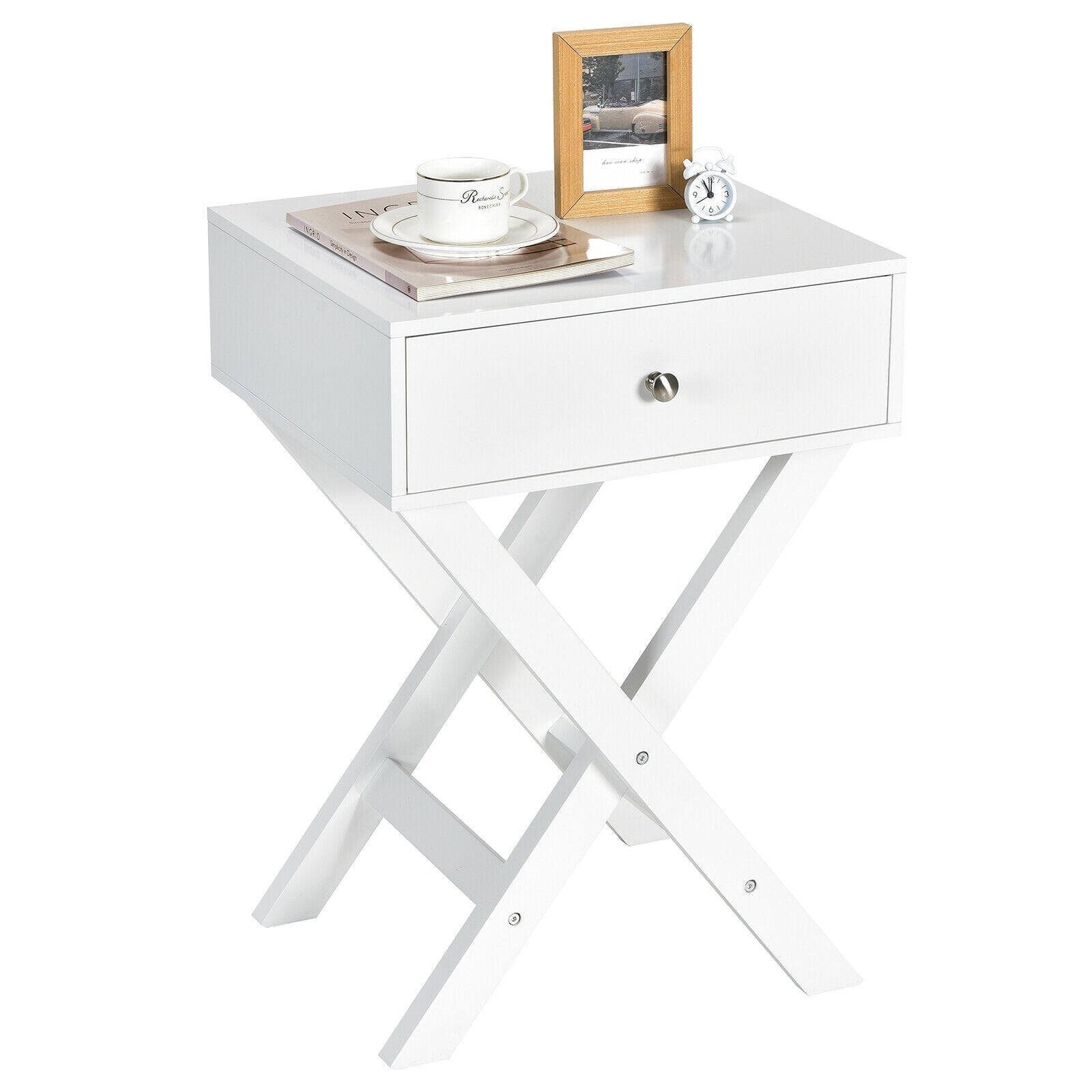 Modern X-Shaped Nightstand with Drawer for Living Room Bedroom, White Nightstands   at Gallery Canada