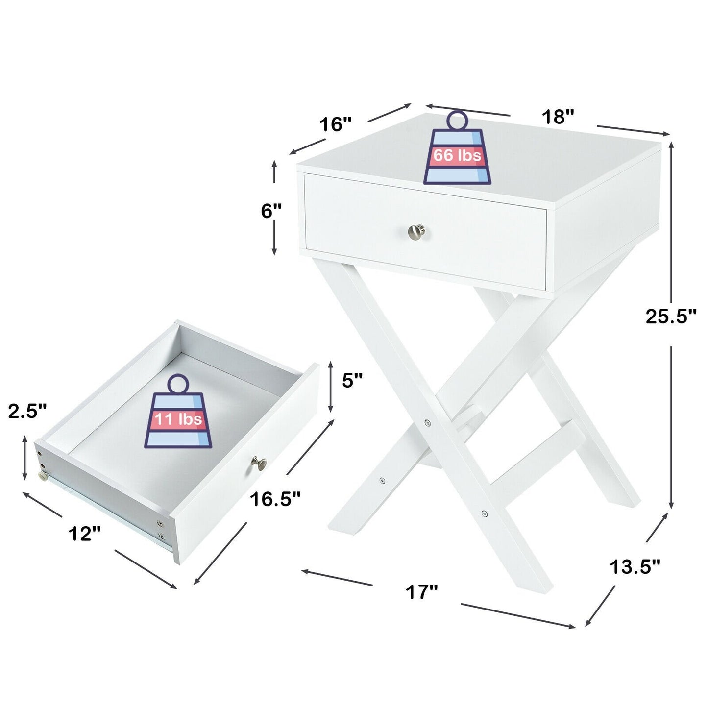 Modern X-Shaped Nightstand with Drawer for Living Room Bedroom, White Nightstands   at Gallery Canada