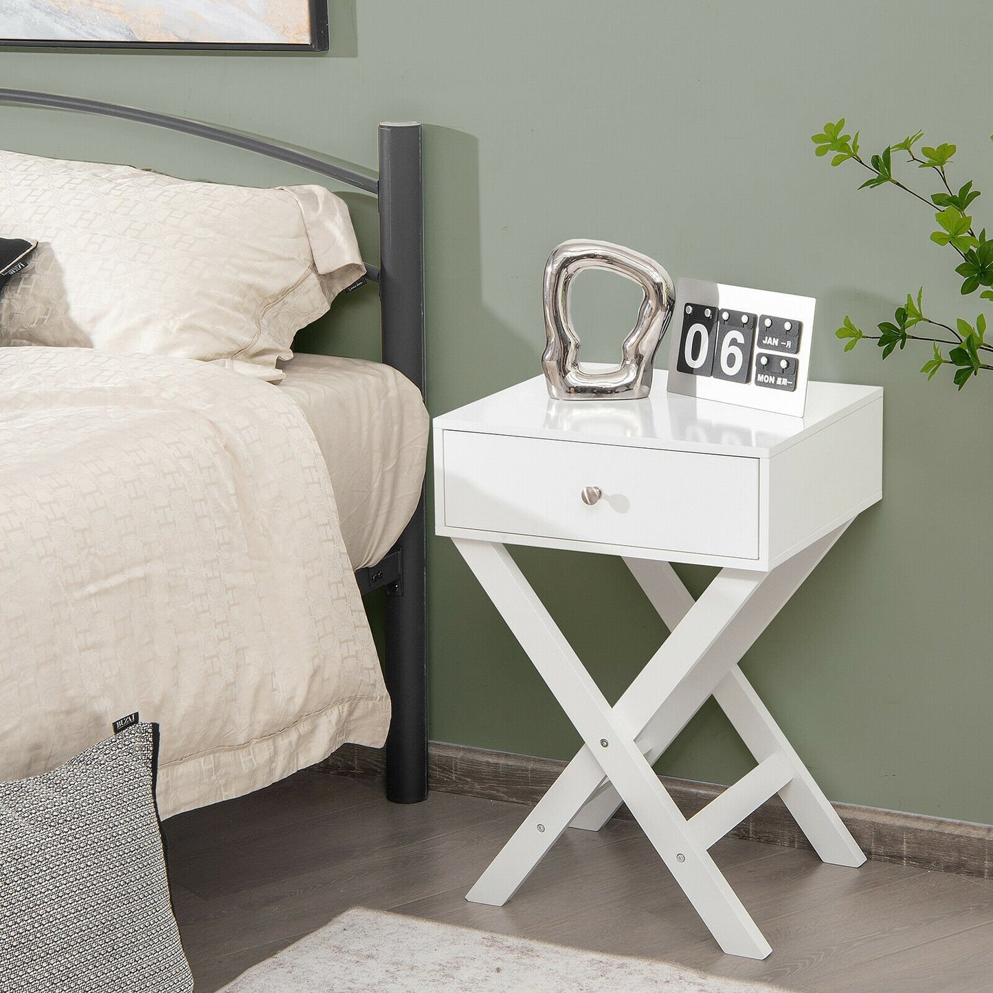 Modern X-Shaped Nightstand with Drawer for Living Room Bedroom, White Nightstands   at Gallery Canada