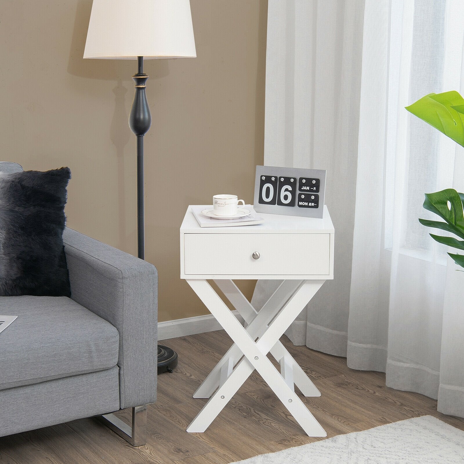 Modern X-Shaped Nightstand with Drawer for Living Room Bedroom, White Nightstands   at Gallery Canada