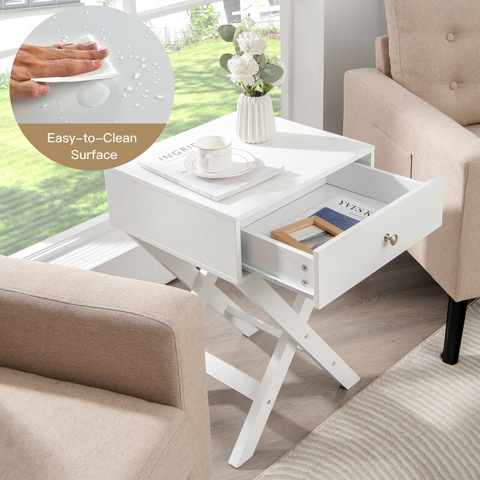 Modern X-Shaped Nightstand with Drawer for Living Room Bedroom, White Nightstands   at Gallery Canada