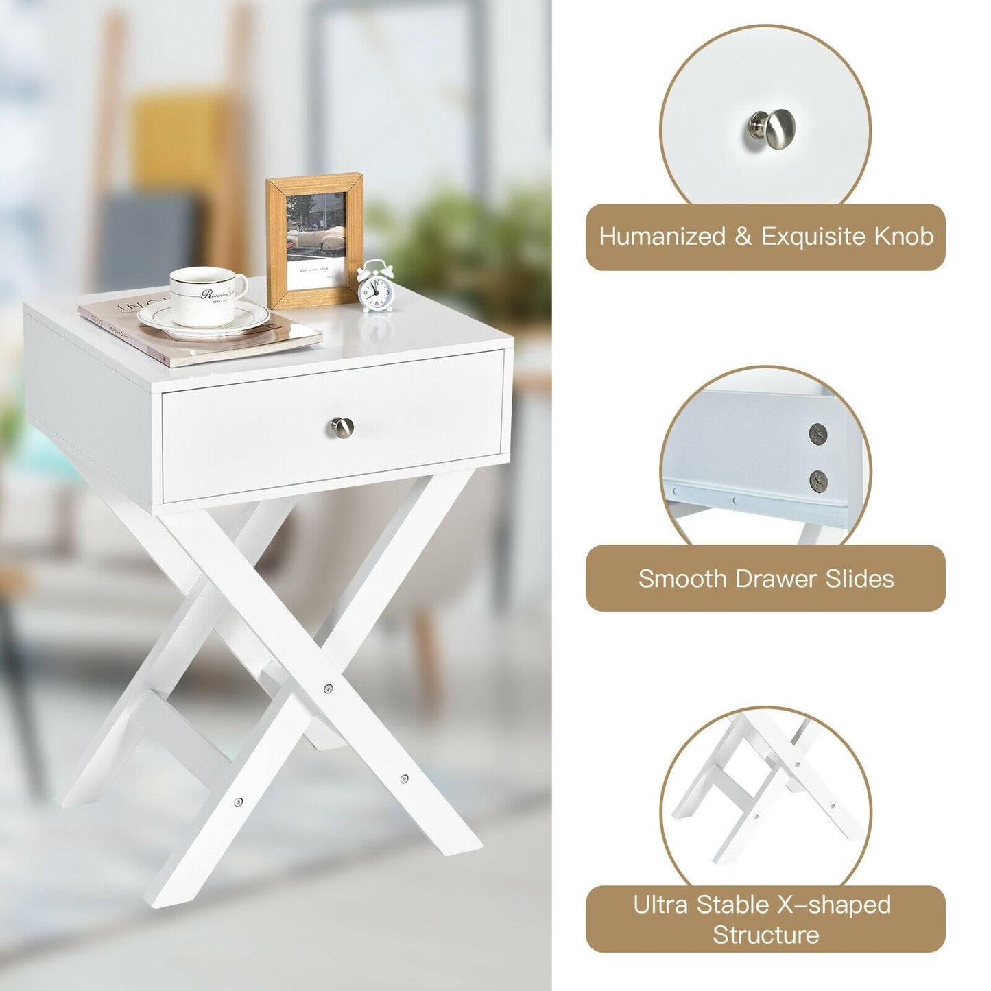 Modern X-Shaped Nightstand with Drawer for Living Room Bedroom, White Nightstands   at Gallery Canada