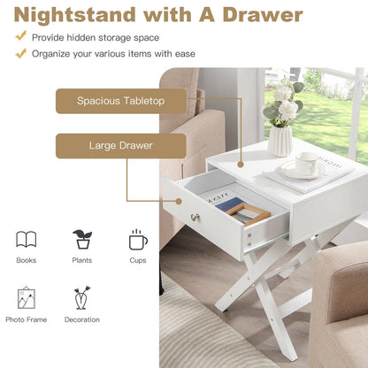 Modern X-Shaped Nightstand with Drawer for Living Room Bedroom, White Nightstands   at Gallery Canada