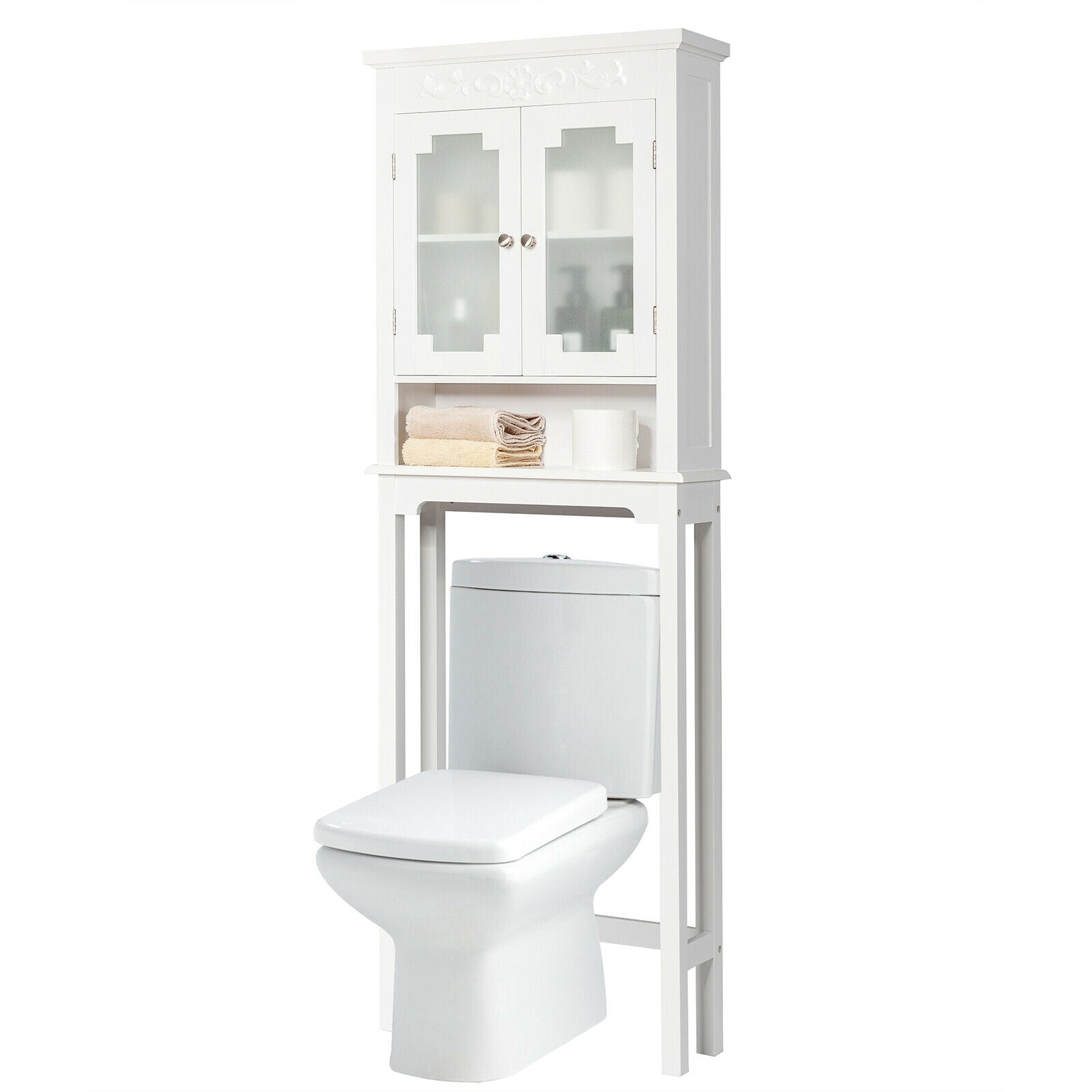 Bathroom Space Saver Carved Top Toilet Rack with Adjustable Shelf, White Bathroom Etagere at Gallery Canada