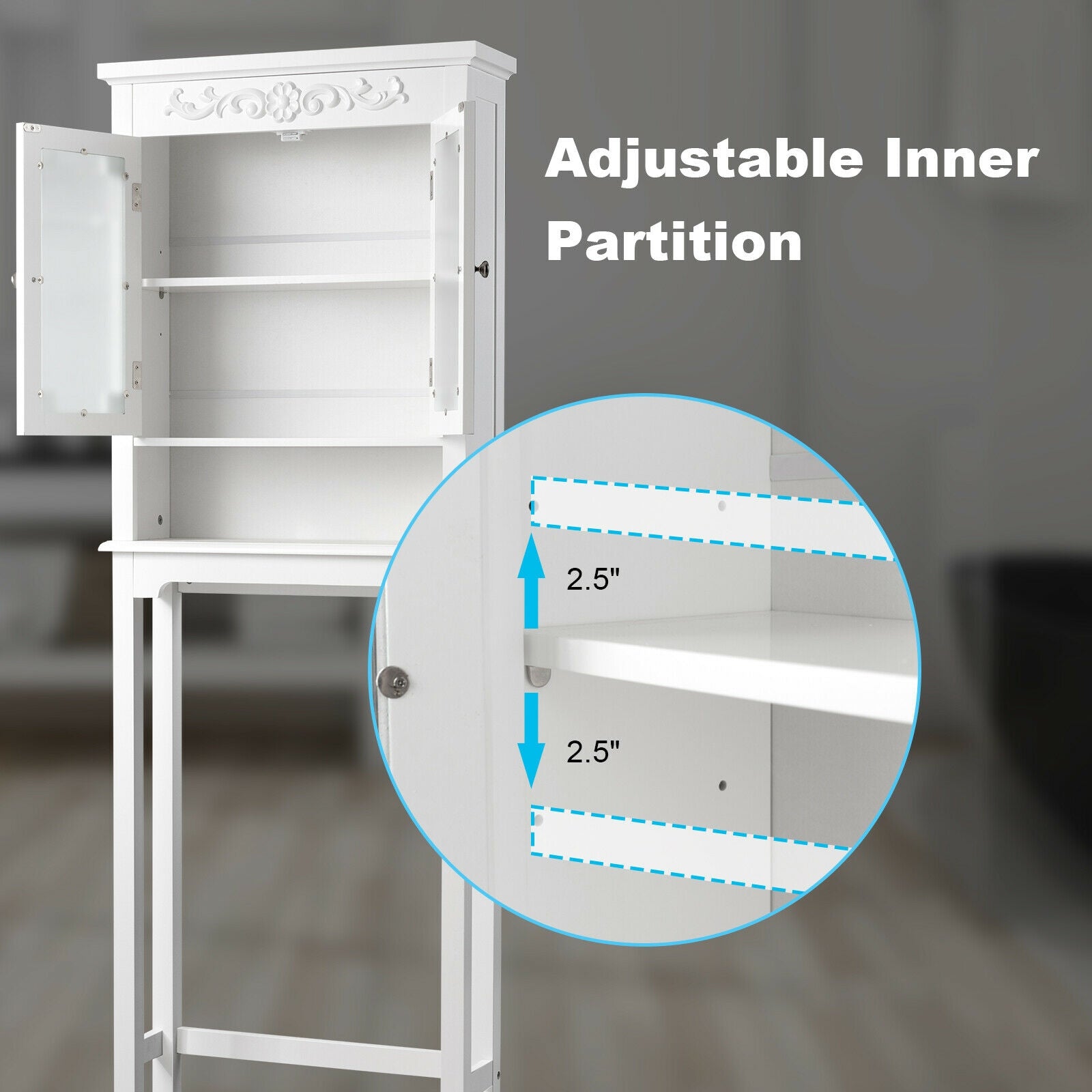 Bathroom Space Saver Carved Top Toilet Rack with Adjustable Shelf, White Bathroom Etagere at Gallery Canada