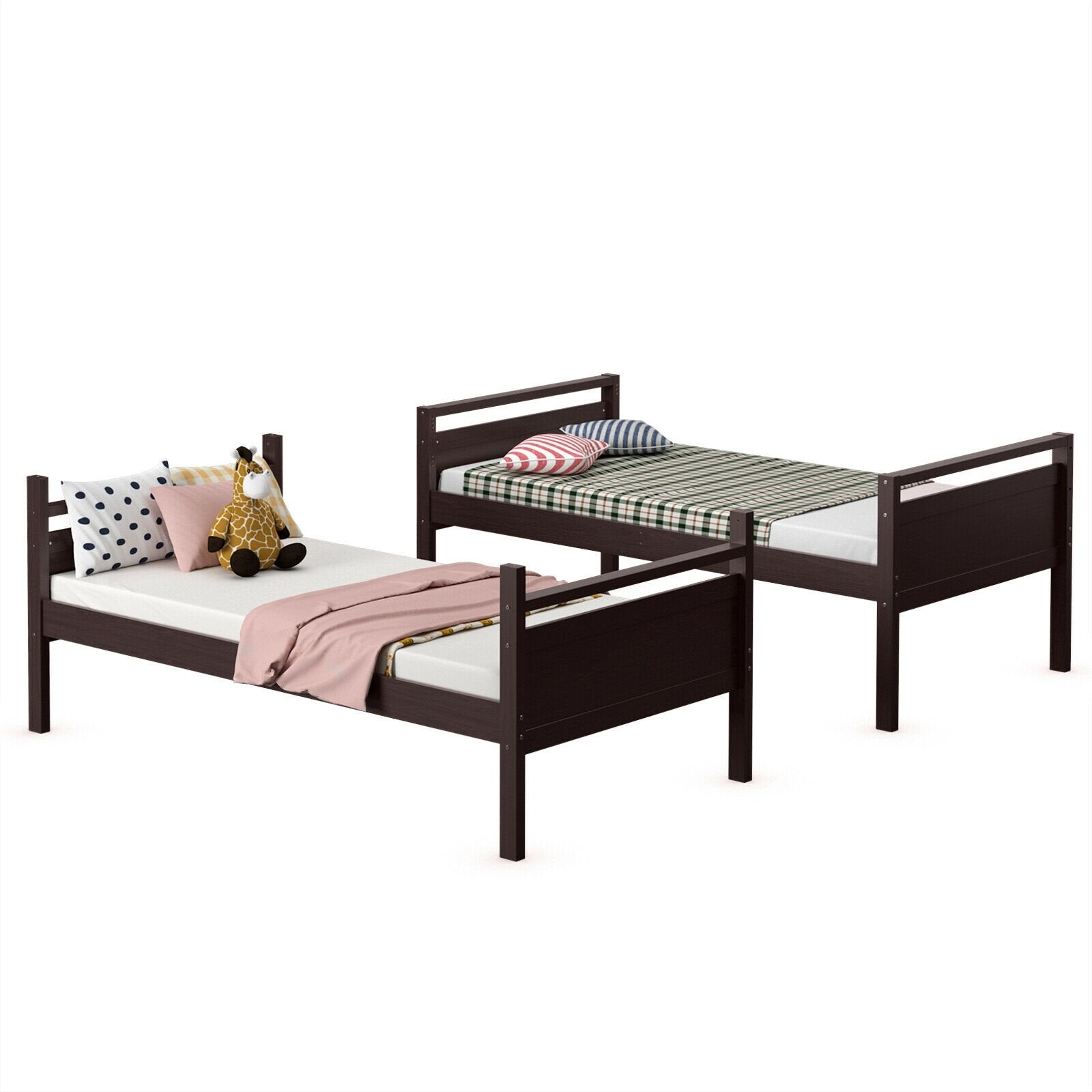 Twin Over Twin Bunk Bed Convertible 2 Individual Beds Wooden , Dark Brown Bunk Bed Frame   at Gallery Canada