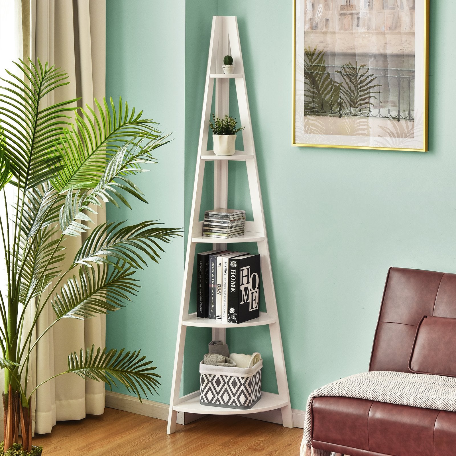 5-Tier Modern Corner Bookcase Shelf with Strong Wooden Frame, White Bookcases   at Gallery Canada