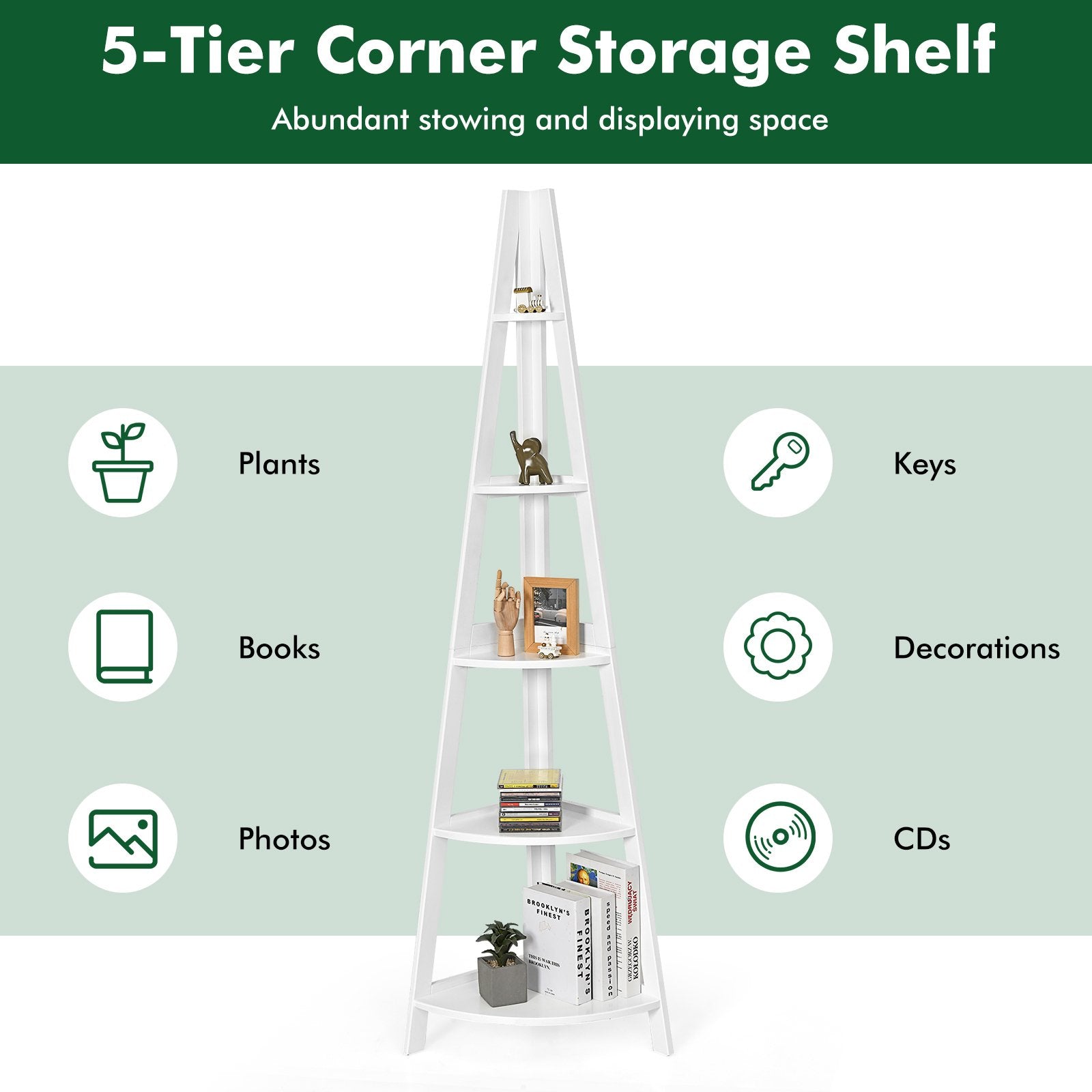 5-Tier Modern Corner Bookcase Shelf with Strong Wooden Frame, White Bookcases   at Gallery Canada