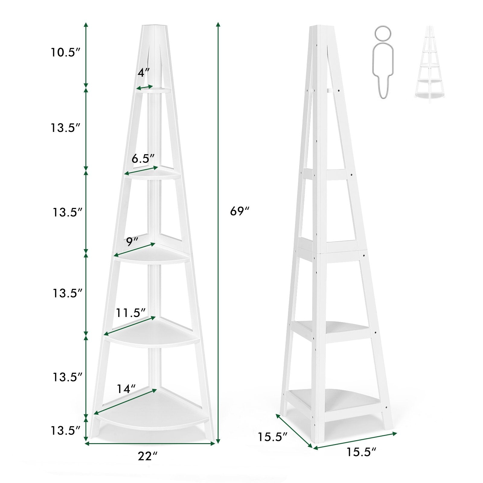 5-Tier Modern Corner Bookcase Shelf with Strong Wooden Frame, White Bookcases   at Gallery Canada