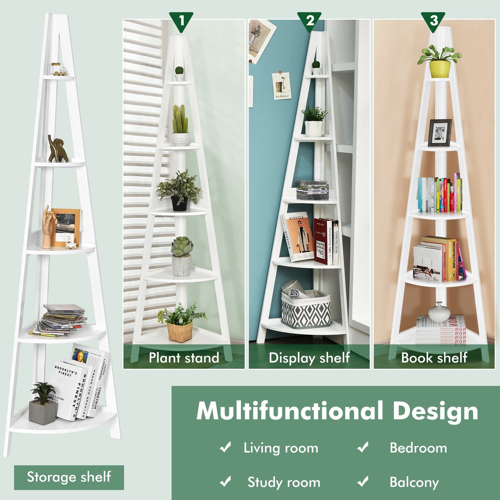 5-Tier Modern Corner Bookcase Shelf with Strong Wooden Frame, White Bookcases   at Gallery Canada