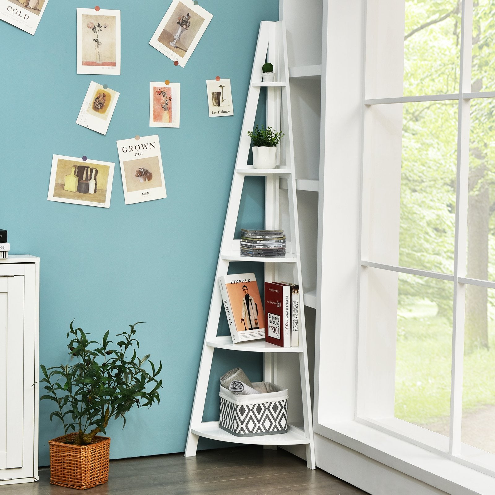 5-Tier Modern Corner Bookcase Shelf with Strong Wooden Frame, White Bookcases   at Gallery Canada