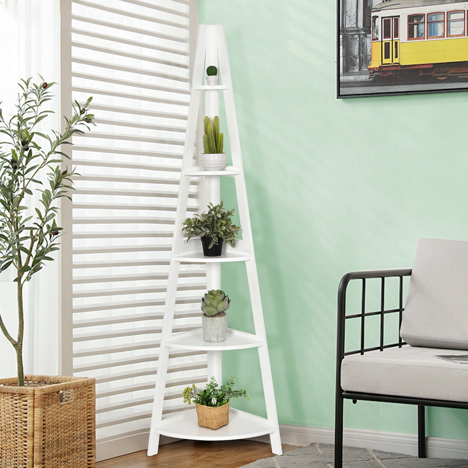 5-Tier Modern Corner Bookcase Shelf with Strong Wooden Frame, White Bookcases   at Gallery Canada